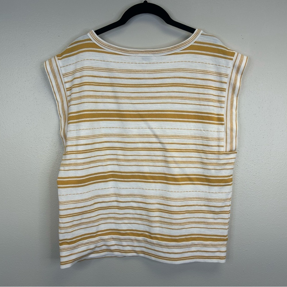 LOFT White Mustard Yellow Striped Boxy Tee Womens M Cotton Classic Preppy Travel - Picture 6 of 8